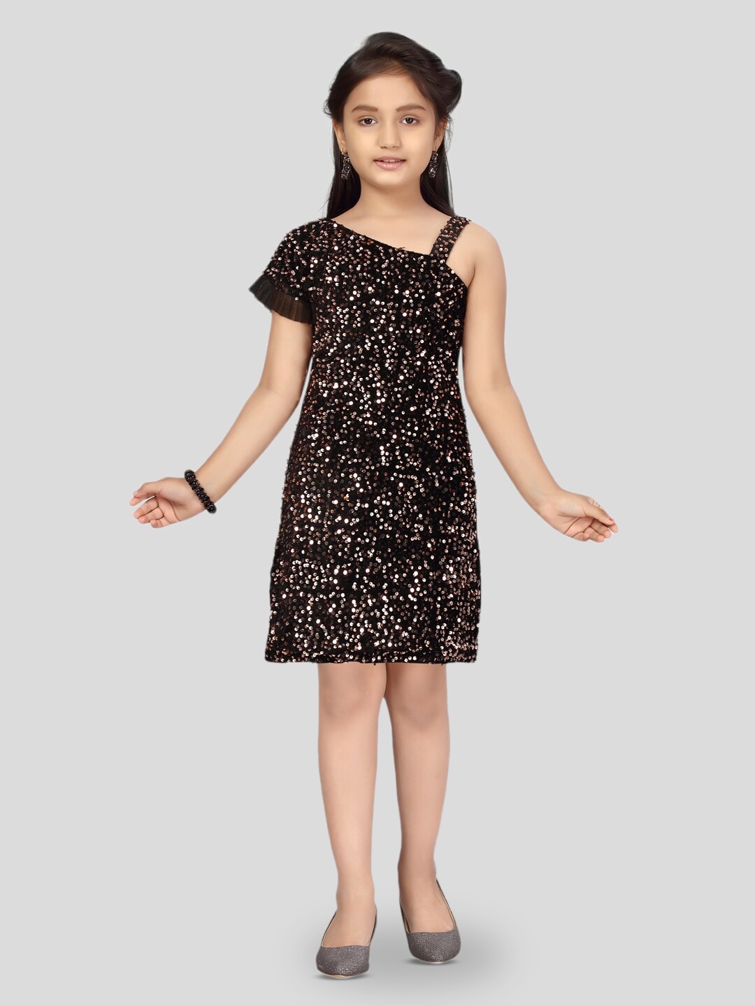 

BAESD Girls One Shoulder Sequined Net A-Line Dress, Peach
