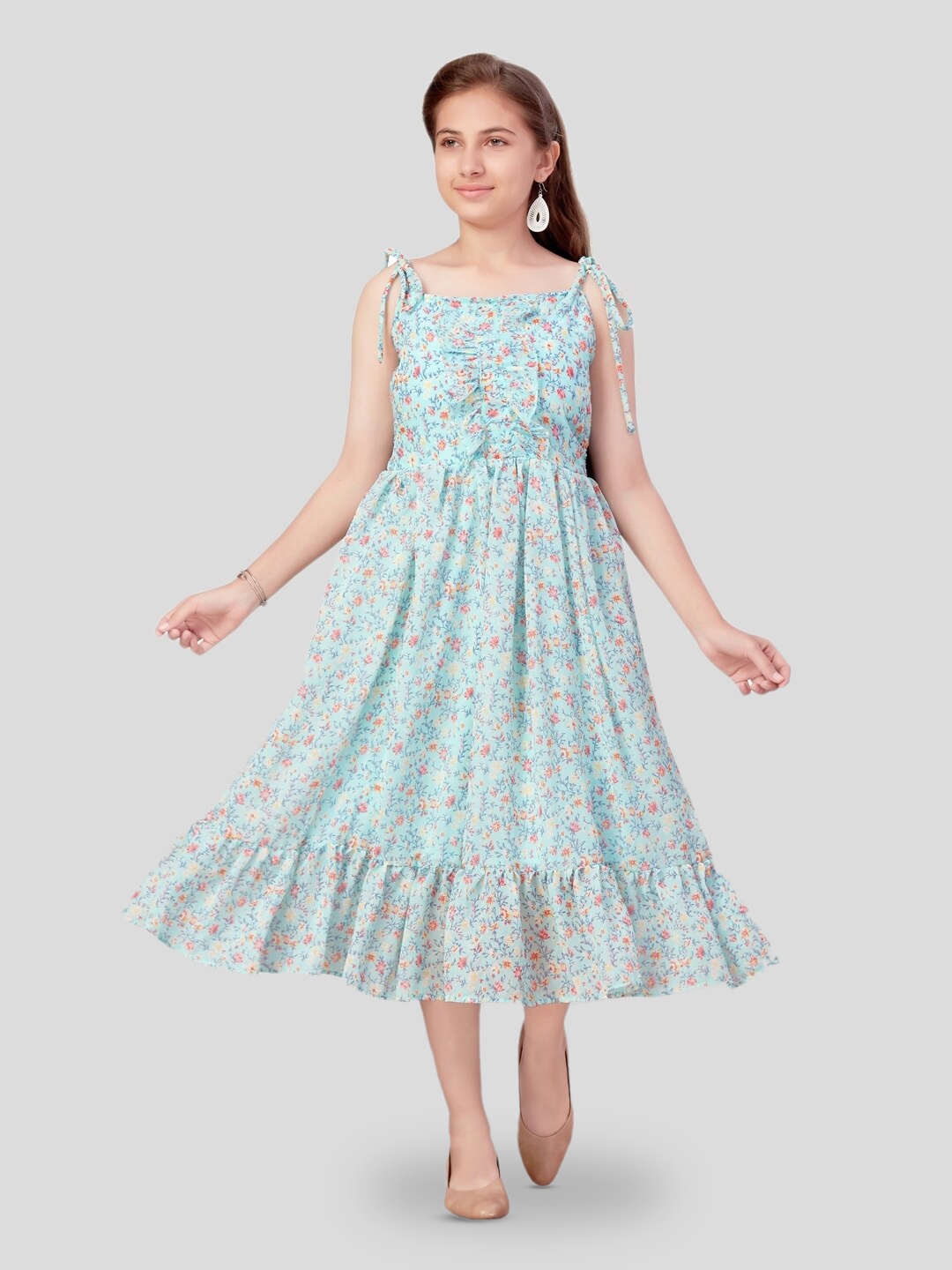 

BAESD Girls Floral Printed Shoulder Straps Georgette Fit & Flare Midi Dress, Turquoise blue