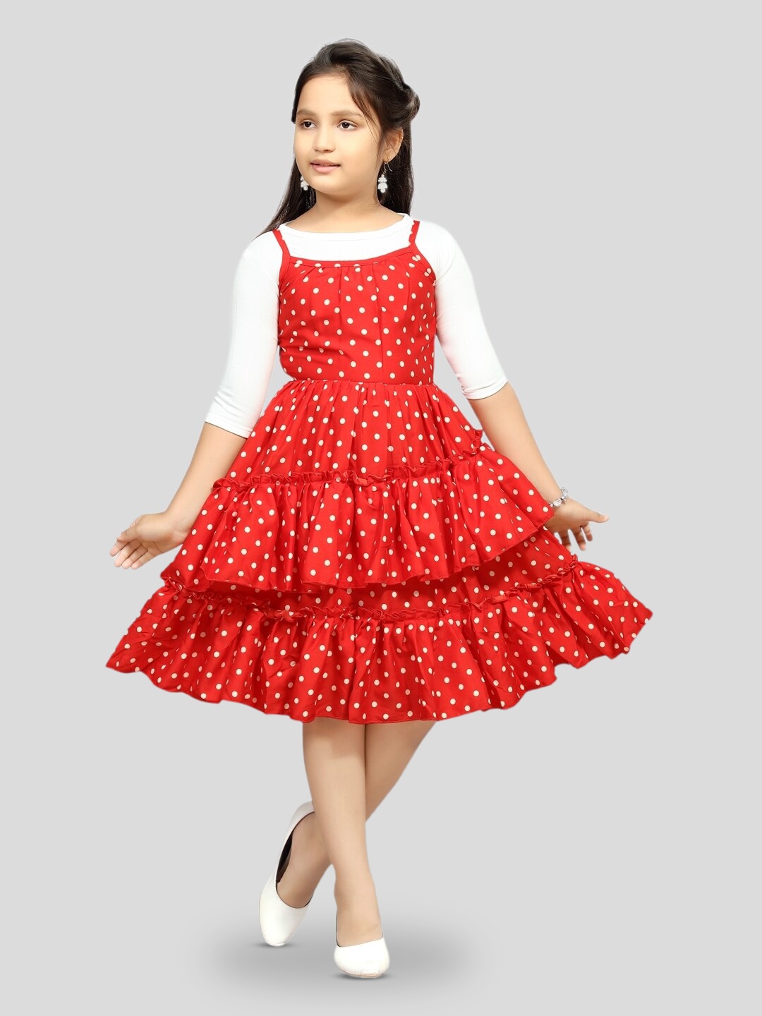 

BAESD Girls Polka Dot Printed Layered Fit & Flare Dress With T-shirt, Red