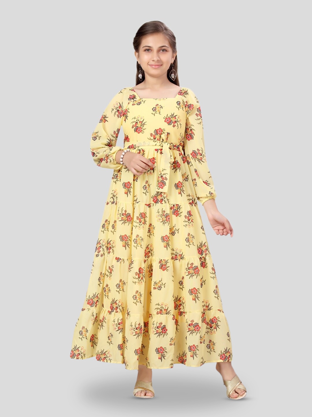 

BAESD Girls Floral Printed Tiered Georgette Maxi Dress, Yellow