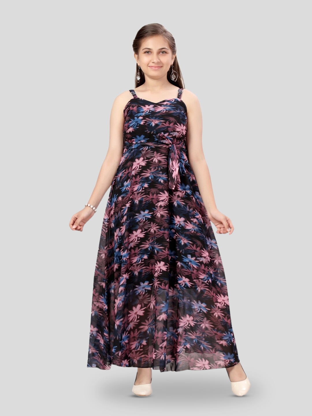 

BAESD Girls Floral Print Georgette Maxi Dress, Black