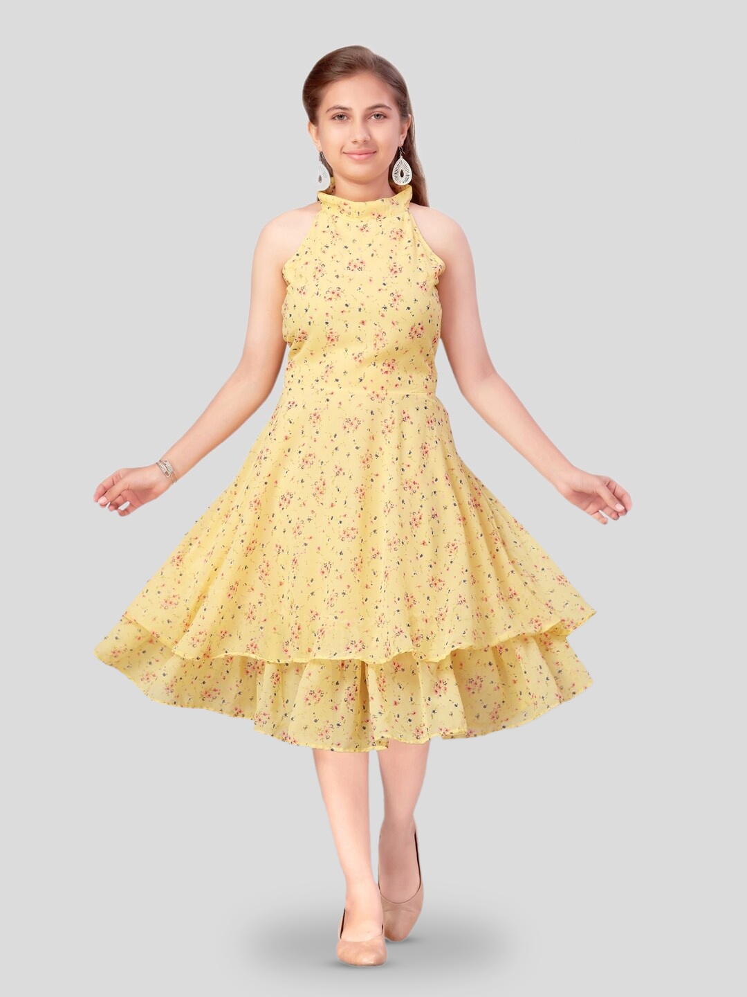 

BAESD Girls Floral Printed Georgette Fit & Flare Dress, Yellow