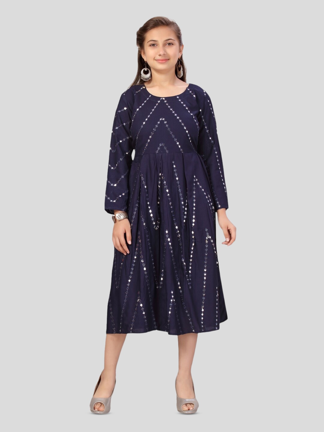 

BAESD Girls Embellished Cotton Fit & Flare Midi Dress, Navy blue