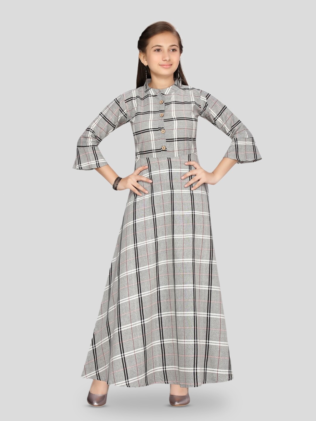 

BAESD Girls Checked Bell Sleeve Maxi Dress, Grey