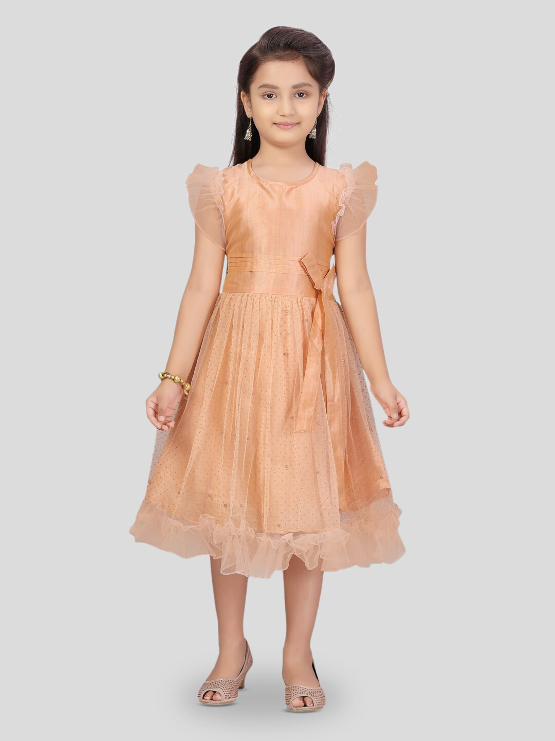 

BAESD Girls Flutter Sleeve Net Fit & Flare Midi Dress, Peach