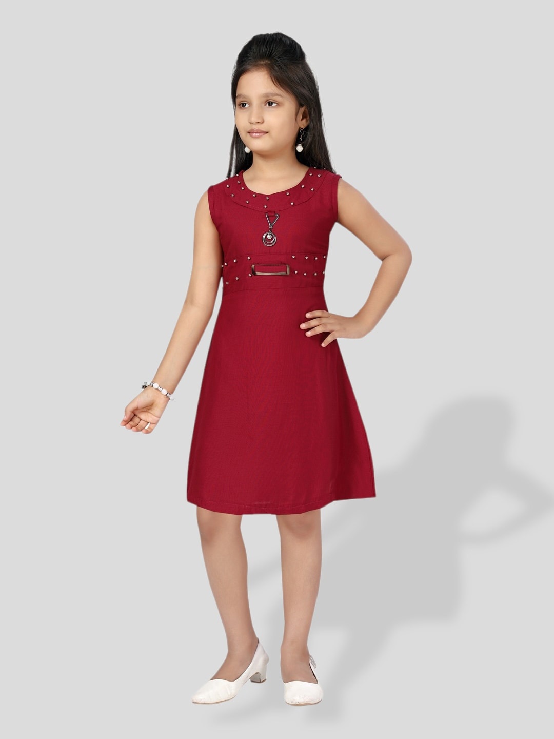 

BAESD Girls Embellished Cotton A Line Dress, Maroon