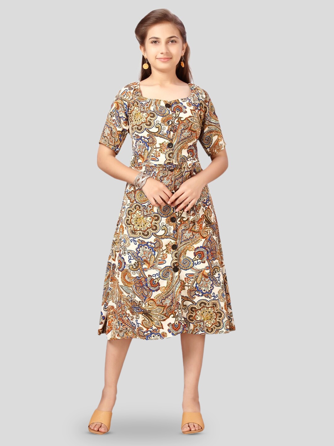 

BAESD Girls Floral Printed Fit & Flare Midi Dress, Beige