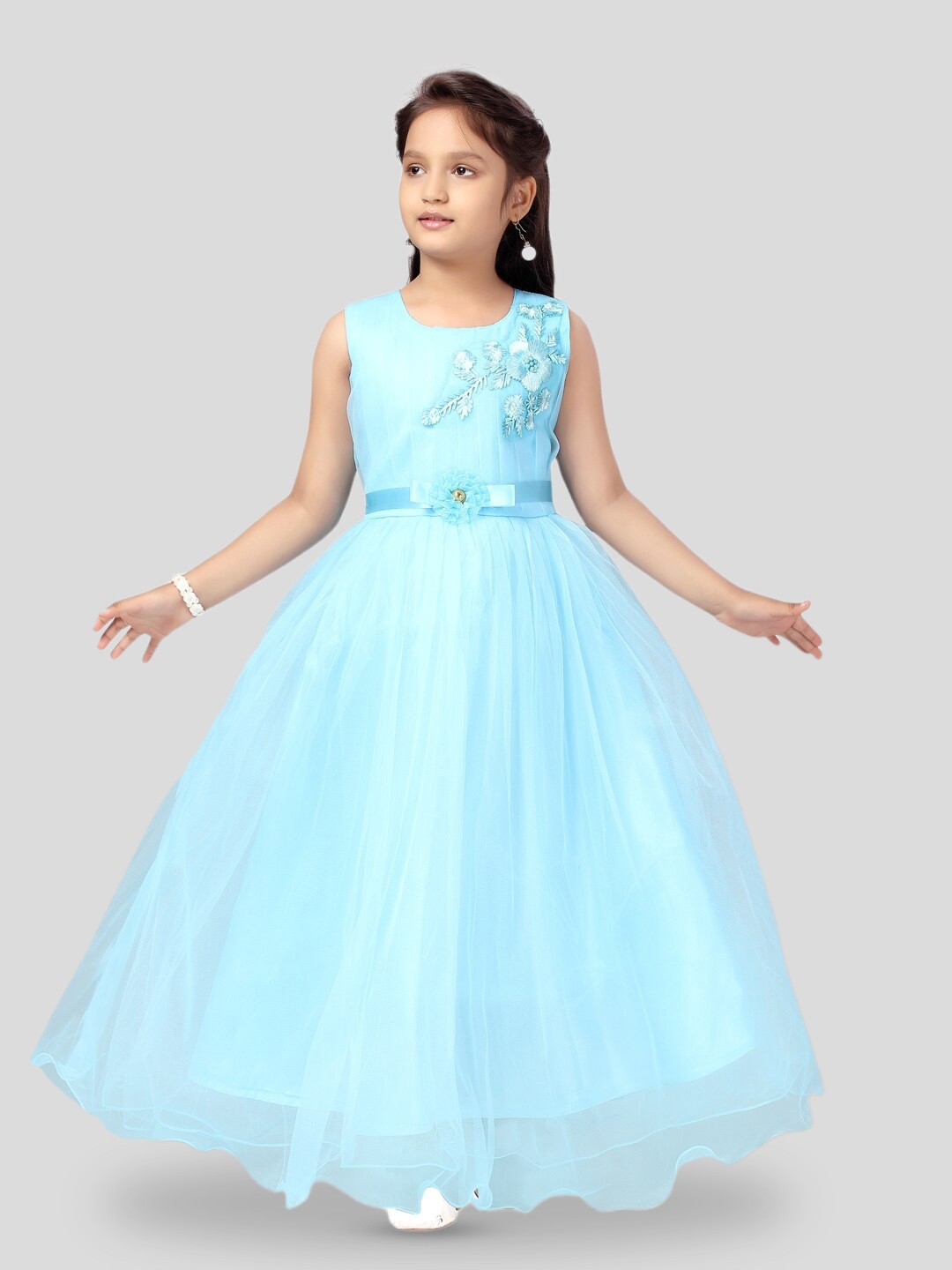 

BAESD Girls Floral Embroidered Pleated Tulle Gown, Turquoise blue