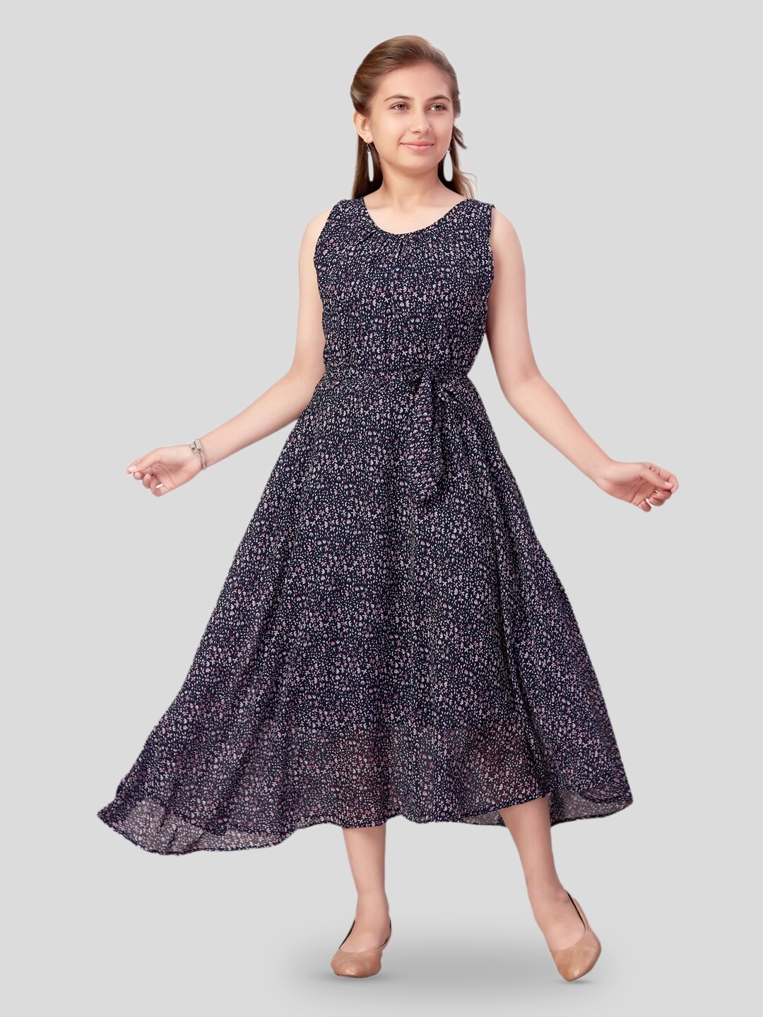 

BAESD Girls Floral Printed Tie Up Georgette Fit & Flare Dress, Navy blue