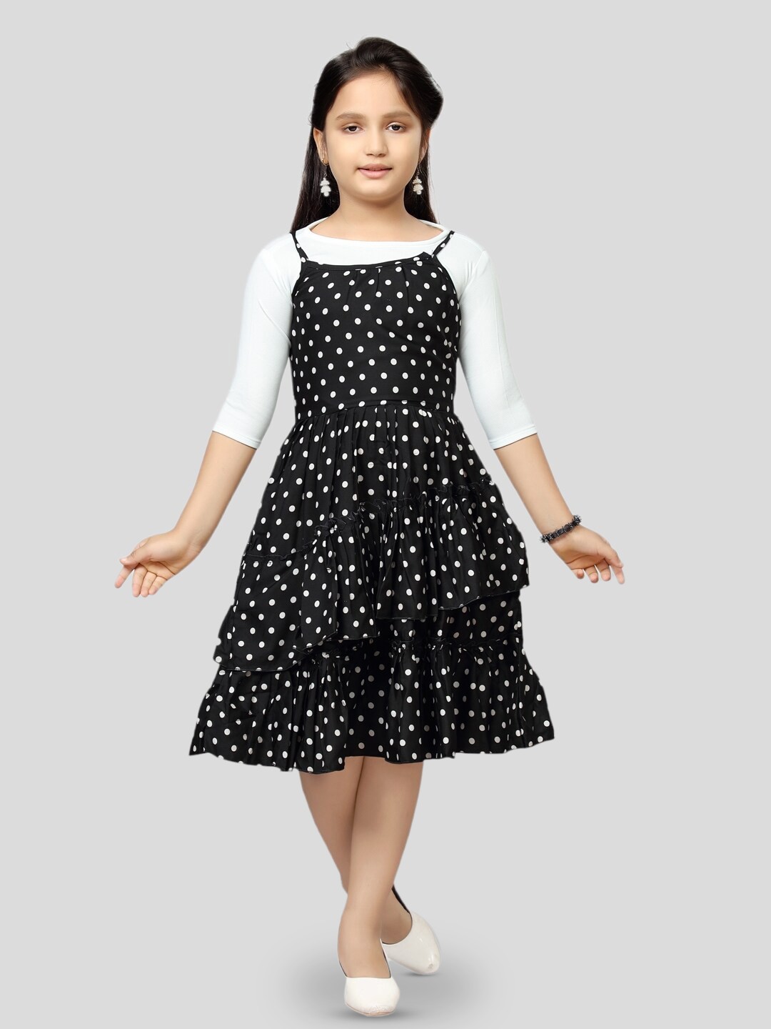 

BAESD Girls Polka Dot Printed Layered Fit & Flare Dress With T-Shirt, Black