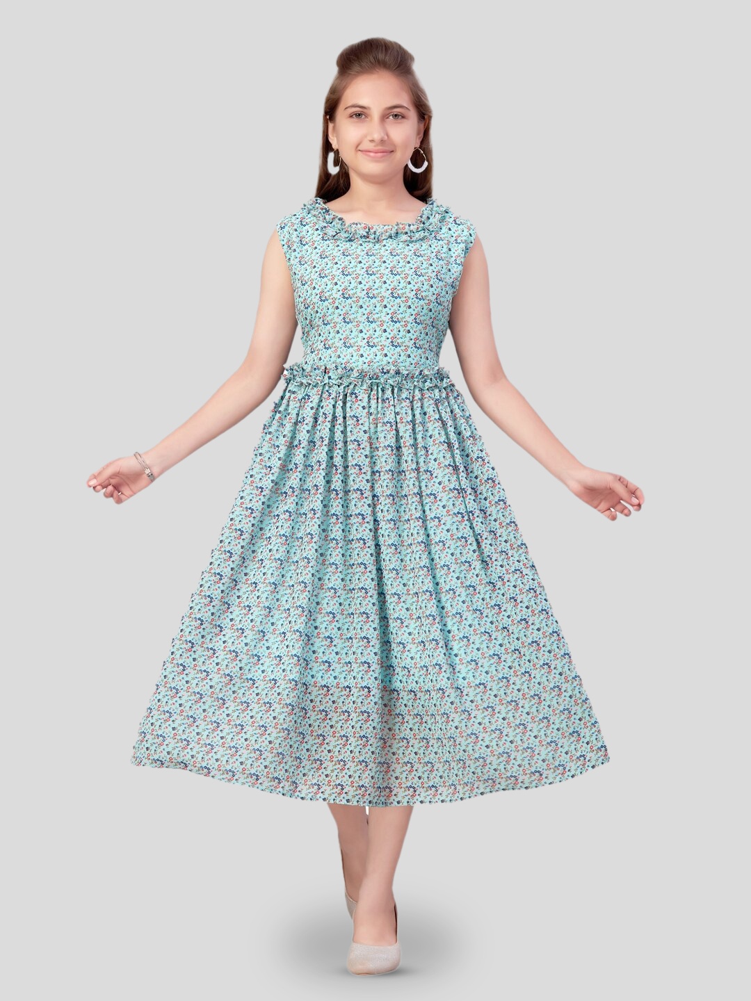 

BAESD Girls Floral Printed Ruffled Georgette Fit & Flare Midi Dress, Turquoise blue
