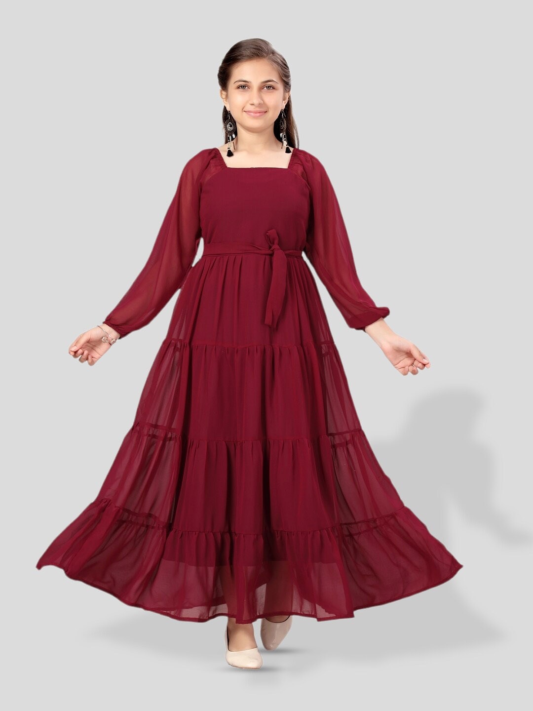 

BAESD Girls Square Neck Puff Sleeve Georgette Fit & Flare Maxi Dress, Maroon
