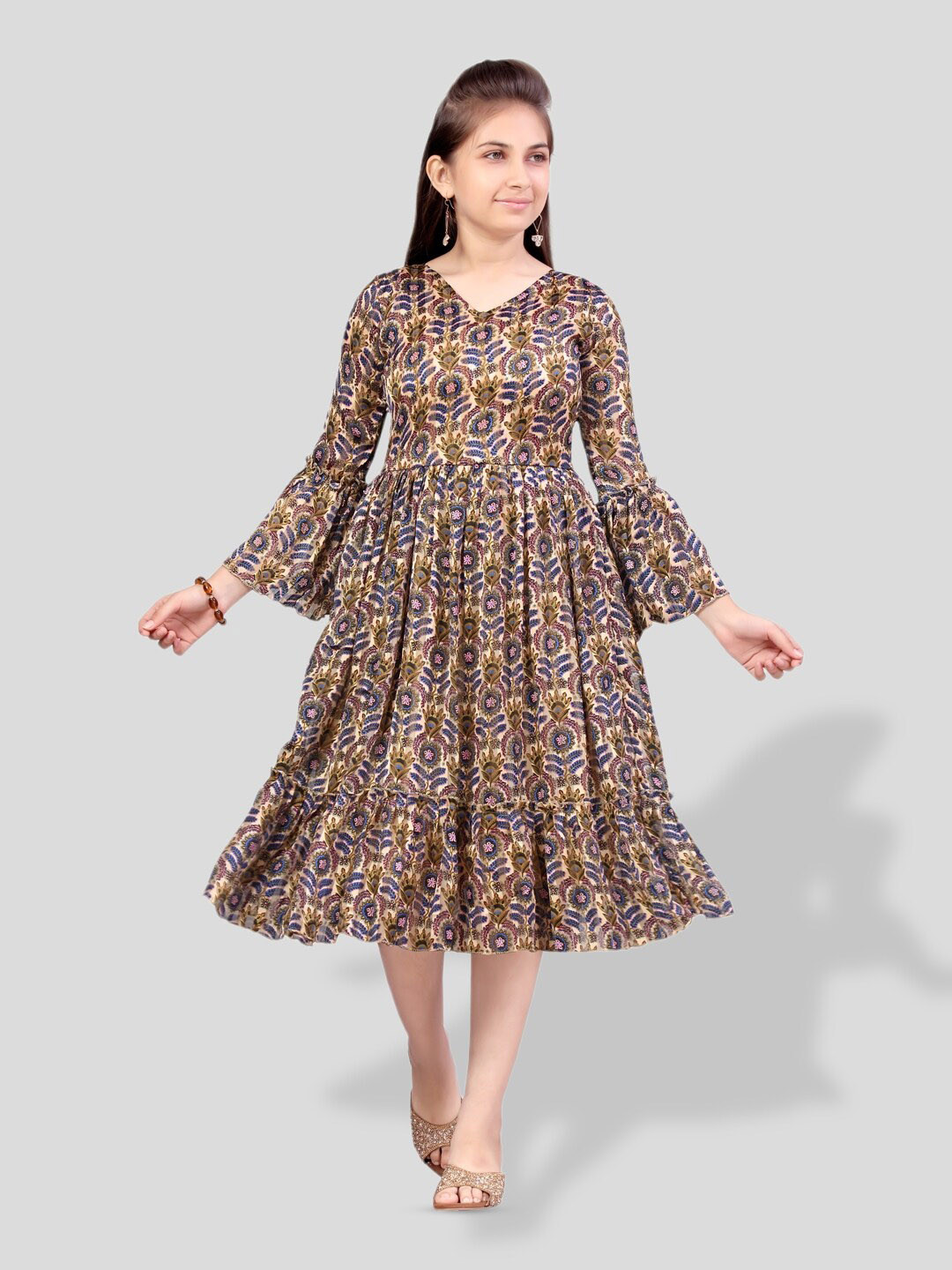 

BAESD Girls Floral Printed Fit & Flare Midi Dress, Beige