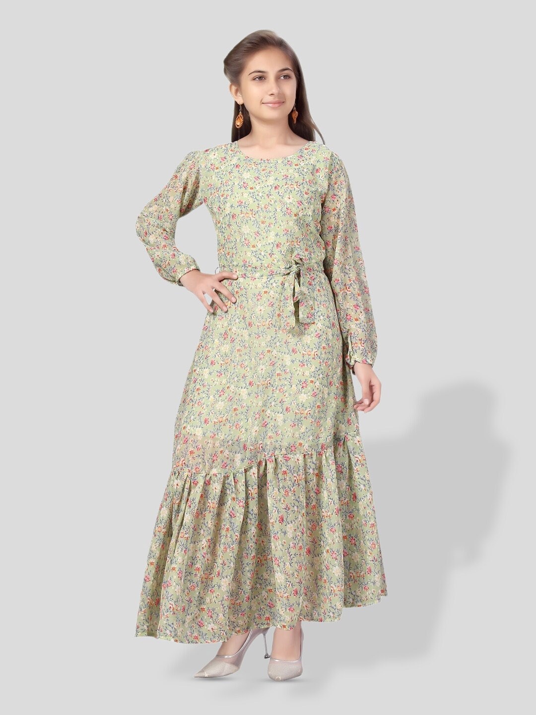 

BAESD Girls Floral Printed Puff Sleeves Georgette Maxi Dress, Green
