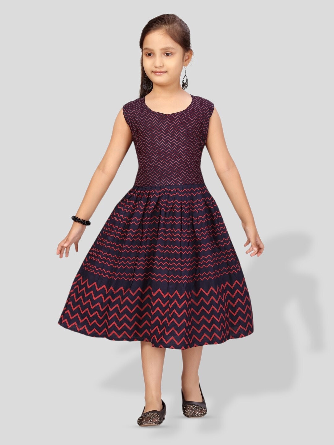

BAESD Girls Chevron Printed Cotton Fit & Flare Midi Dress, Blue