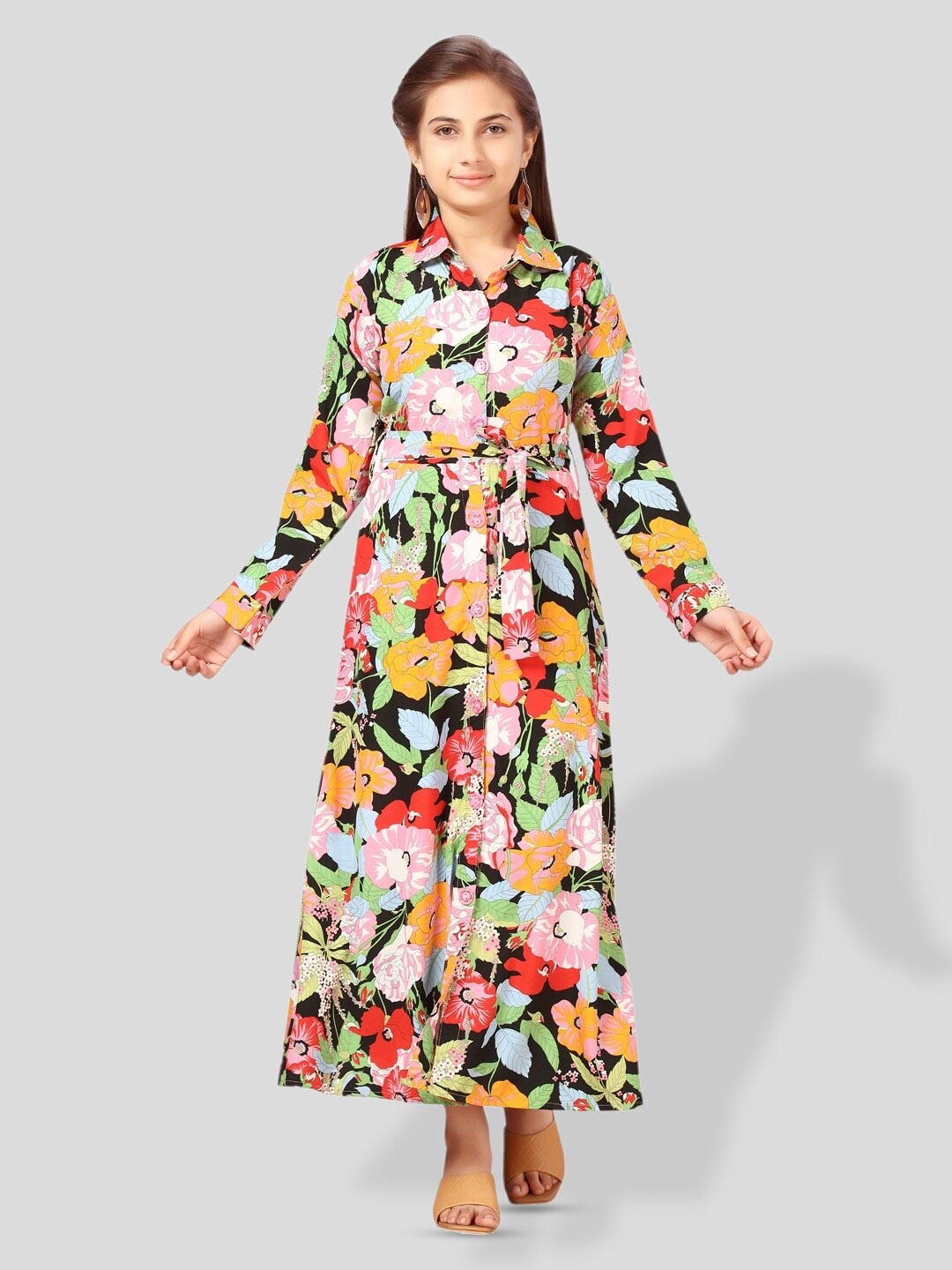 

BAESD Girls Shirt Collar Floral Print Maxi Dress, Black