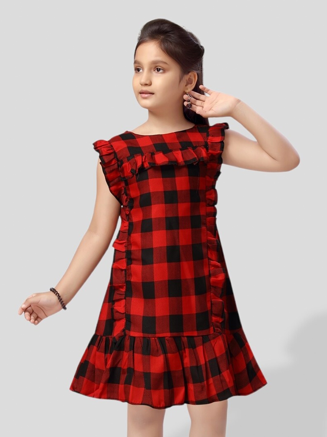 

BAESD Girls Checked Flutter Sleeve A-Line Dress, Red
