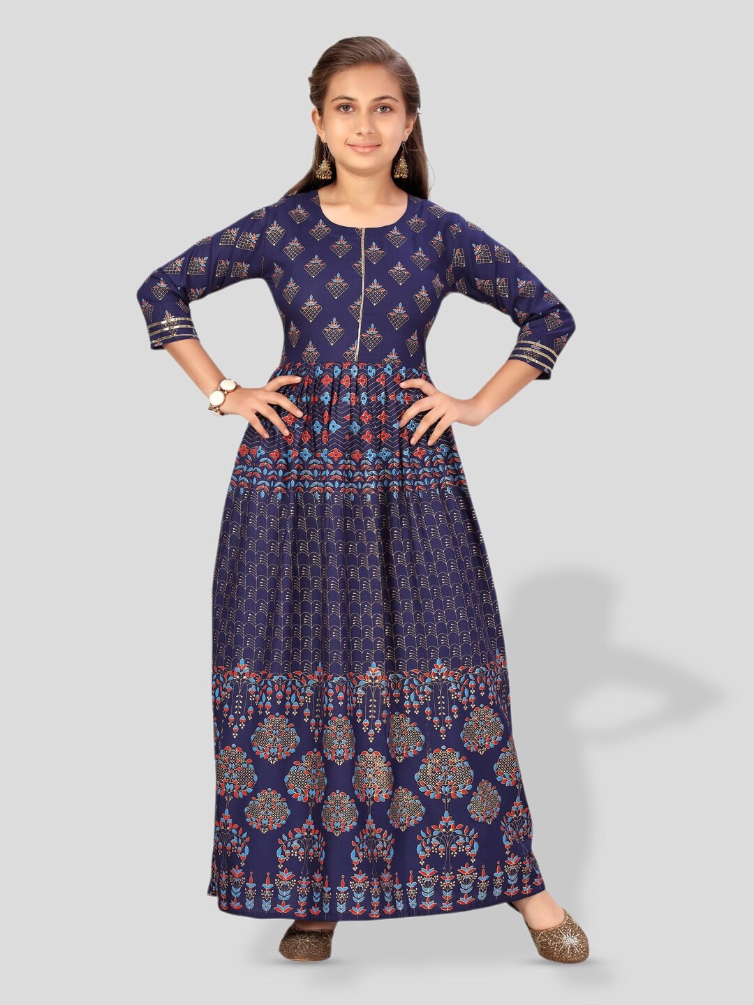 

BAESD Girls Ethnic Motifs Printed Maxi Dress, Navy blue