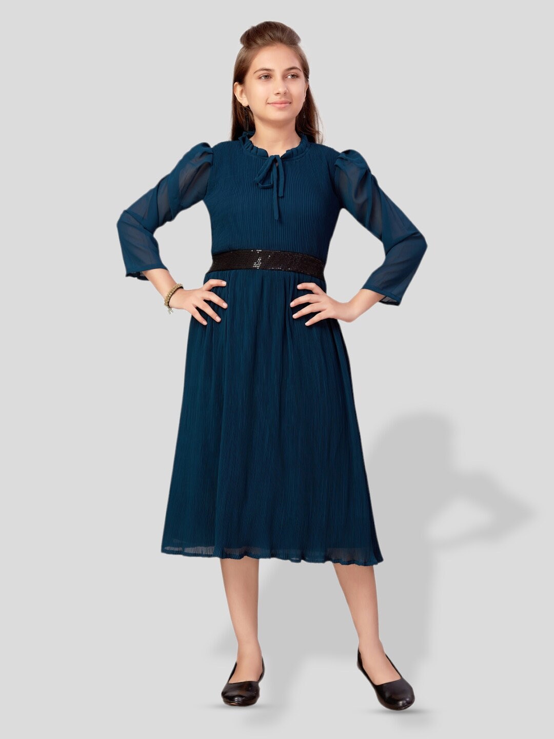 

BAESD Girls Tie Up Neck Georgette Fit & Flare Midi Dress, Teal