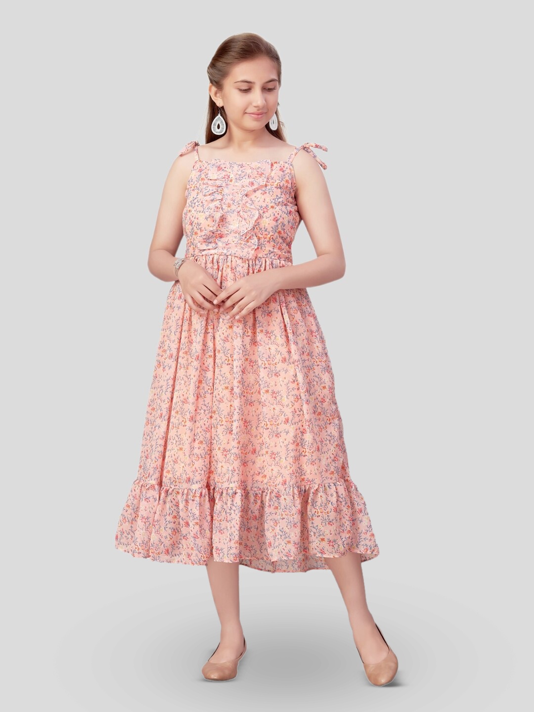 

BAESD Girls Floral Printed Ruffled Flounce Georgette Fit & Flare Midi Dress, Peach