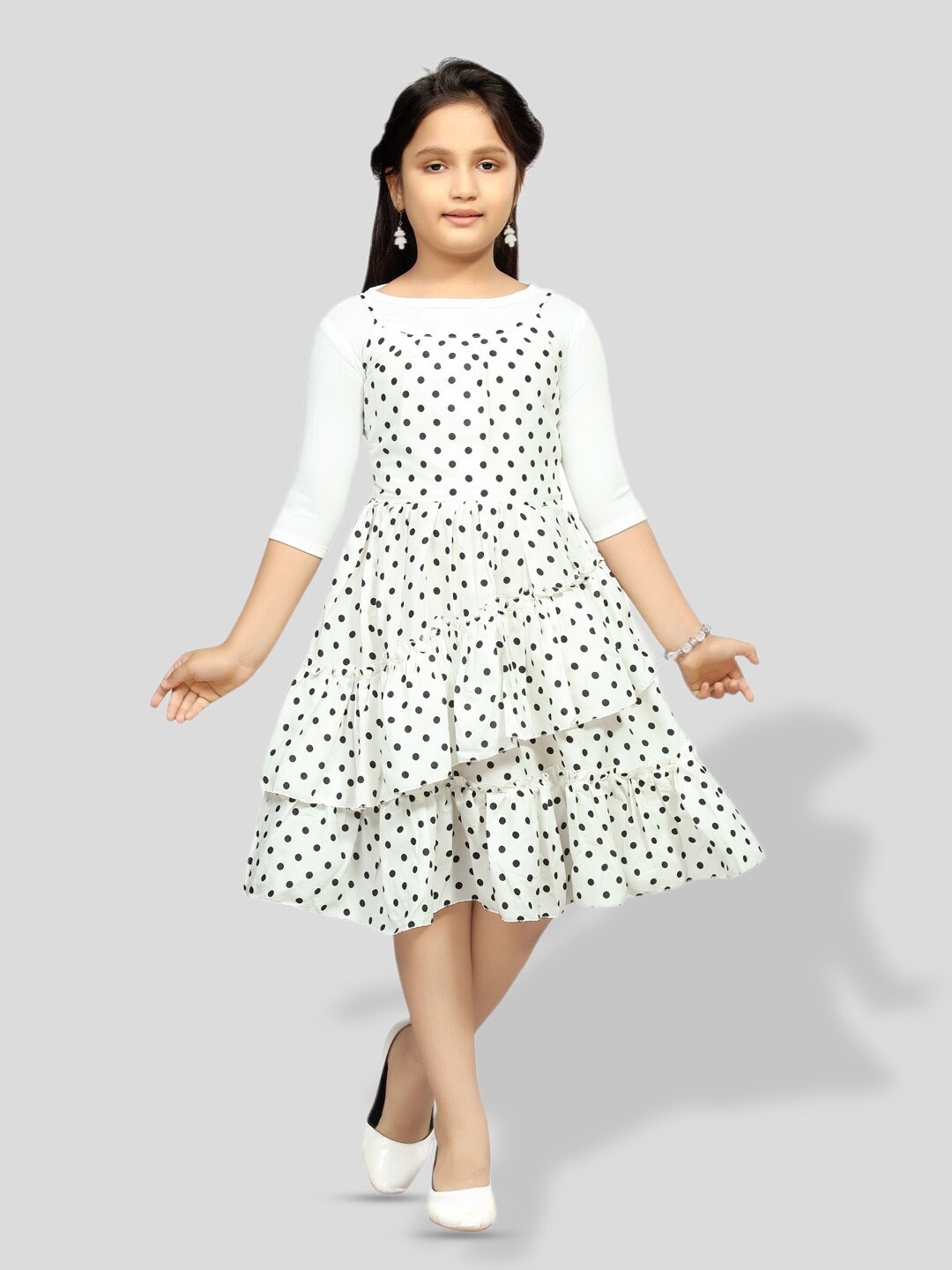 

BAESD Polka Dot Printed Layered Fit & Flare Dress With Top, White