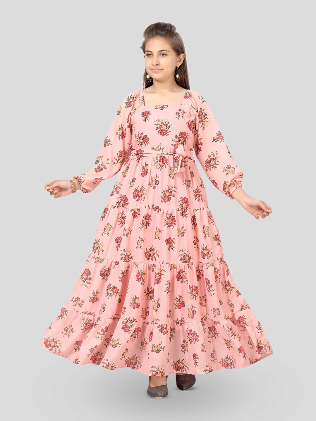 

BAESD Girls -Coloured Floral Printed Georgette Maxi Dress, Peach