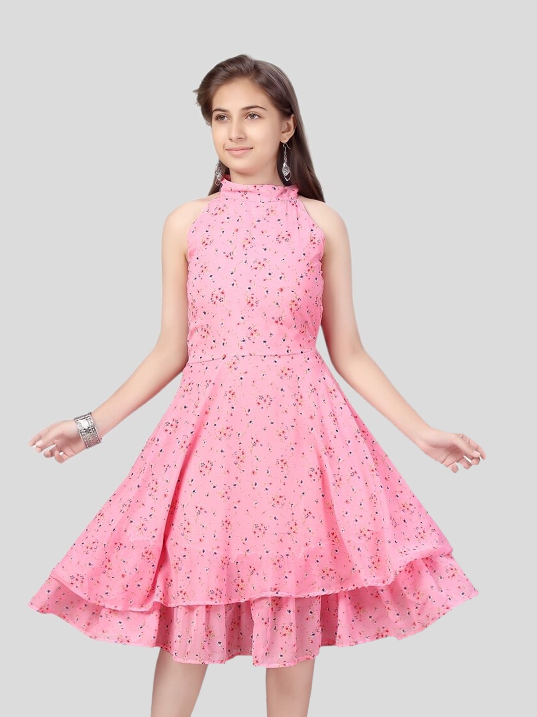 

BAESD Girls Floral Printed Georgette Fit & Flare Dress, Pink