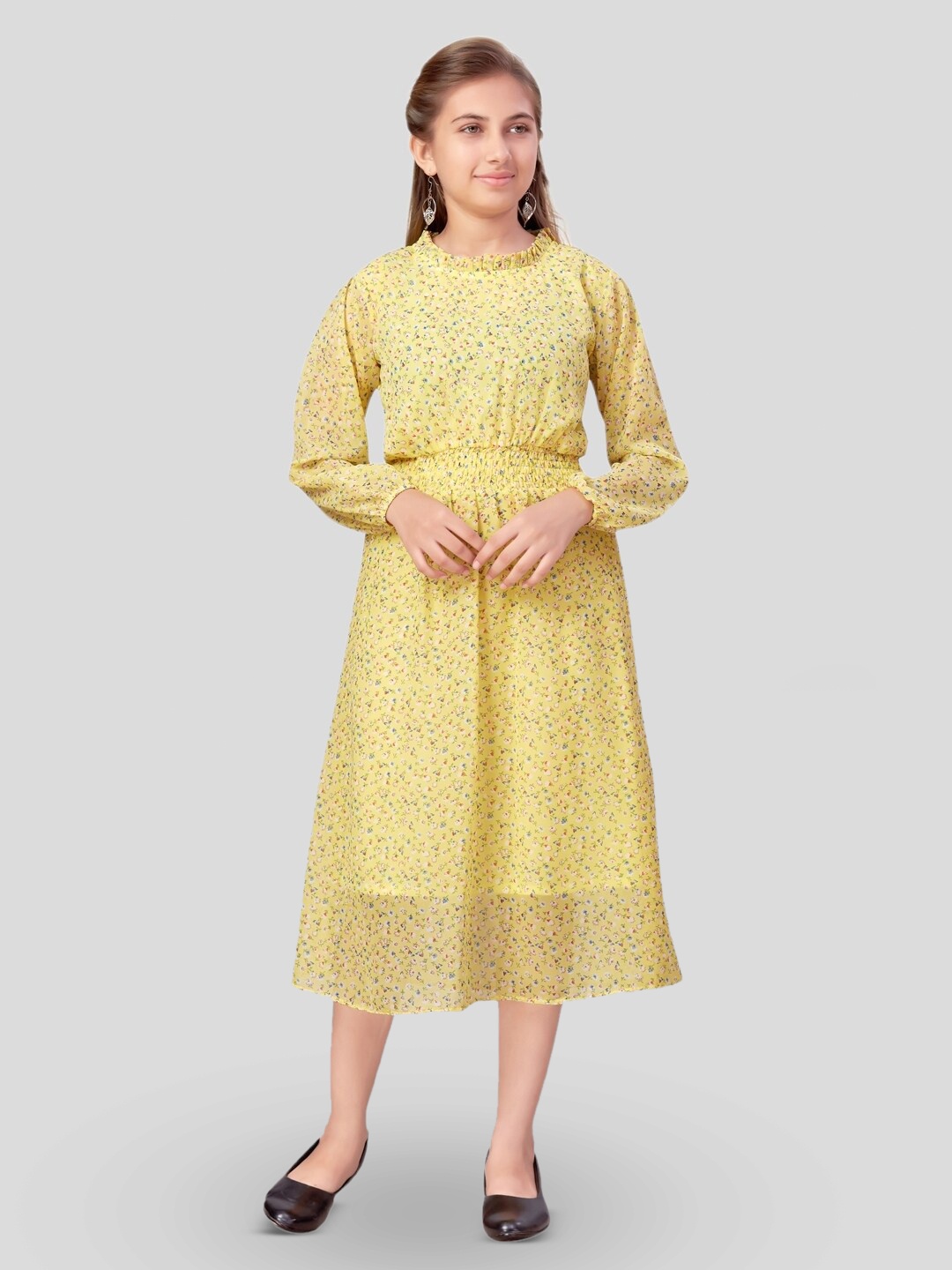 

BAESD Girls Floral Printed Georgette Fit & Flare Midi Dress, Yellow