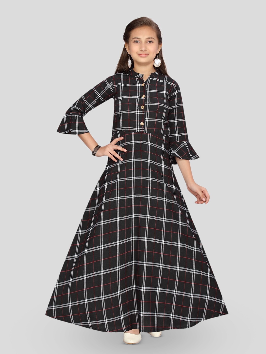 

BAESD Girls Checked Mandarin Collar Bell Sleeve Maxi Dress, Black