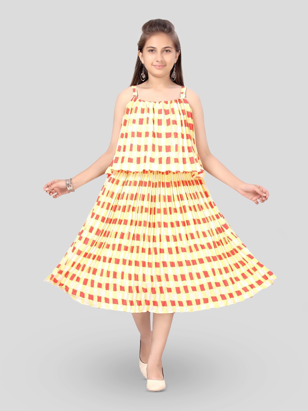 

BAESD Girls Checked Pleated Detailed Georgette A Line Midi Dress, Yellow