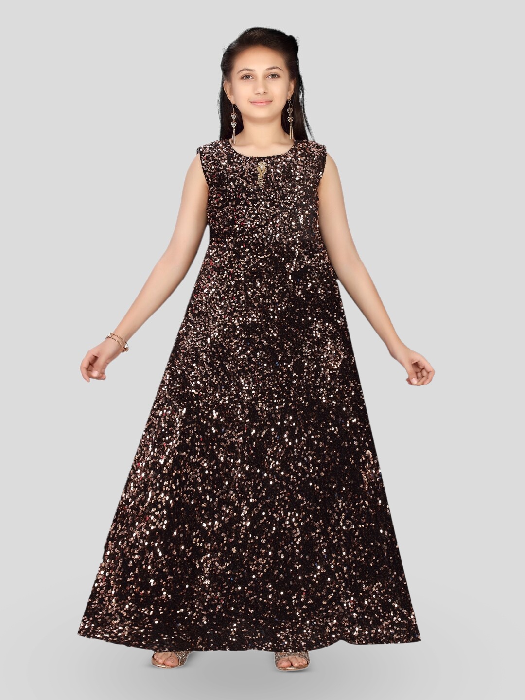 

BAESD Girls Sequinned Embellished Round Neck Maxi Dress, Brown