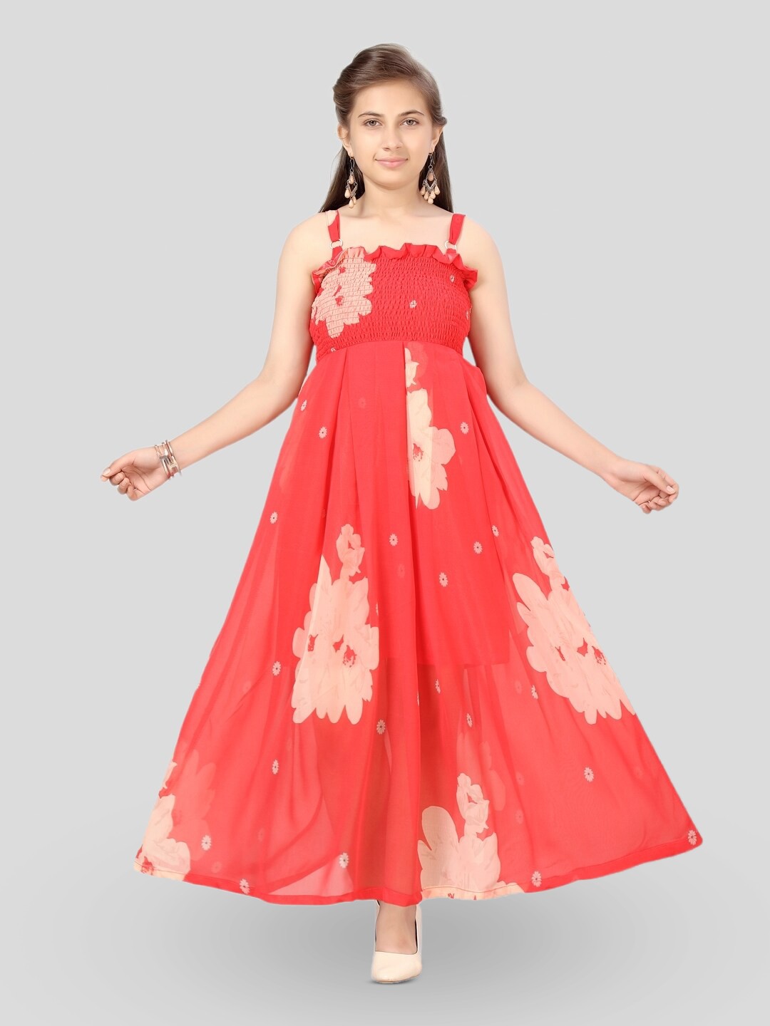 

BAESD Girls Floral Printed Smocked Georgette Maxi Dress, Red