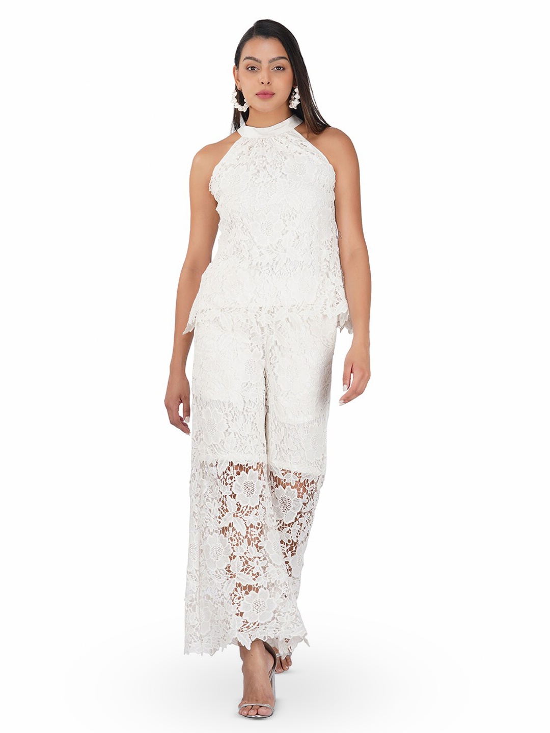 

KOVET Floral Halter Neck Lace Top, White