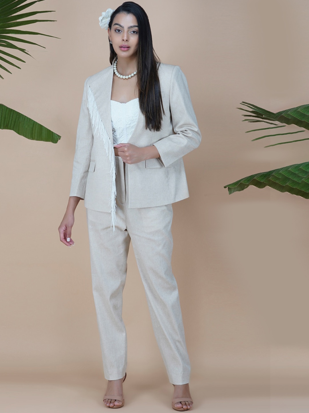 

KOVET Self Design Fringes Cotton Open Front Blazer, Grey