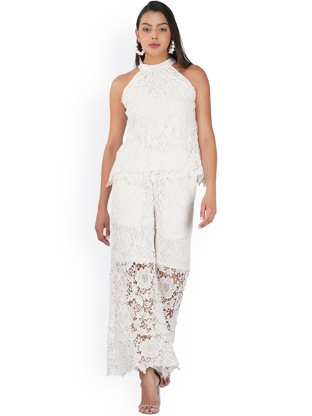 

KOVET Women Self Design Relaxed Mid-Rise Lace Parallel Trousers, White