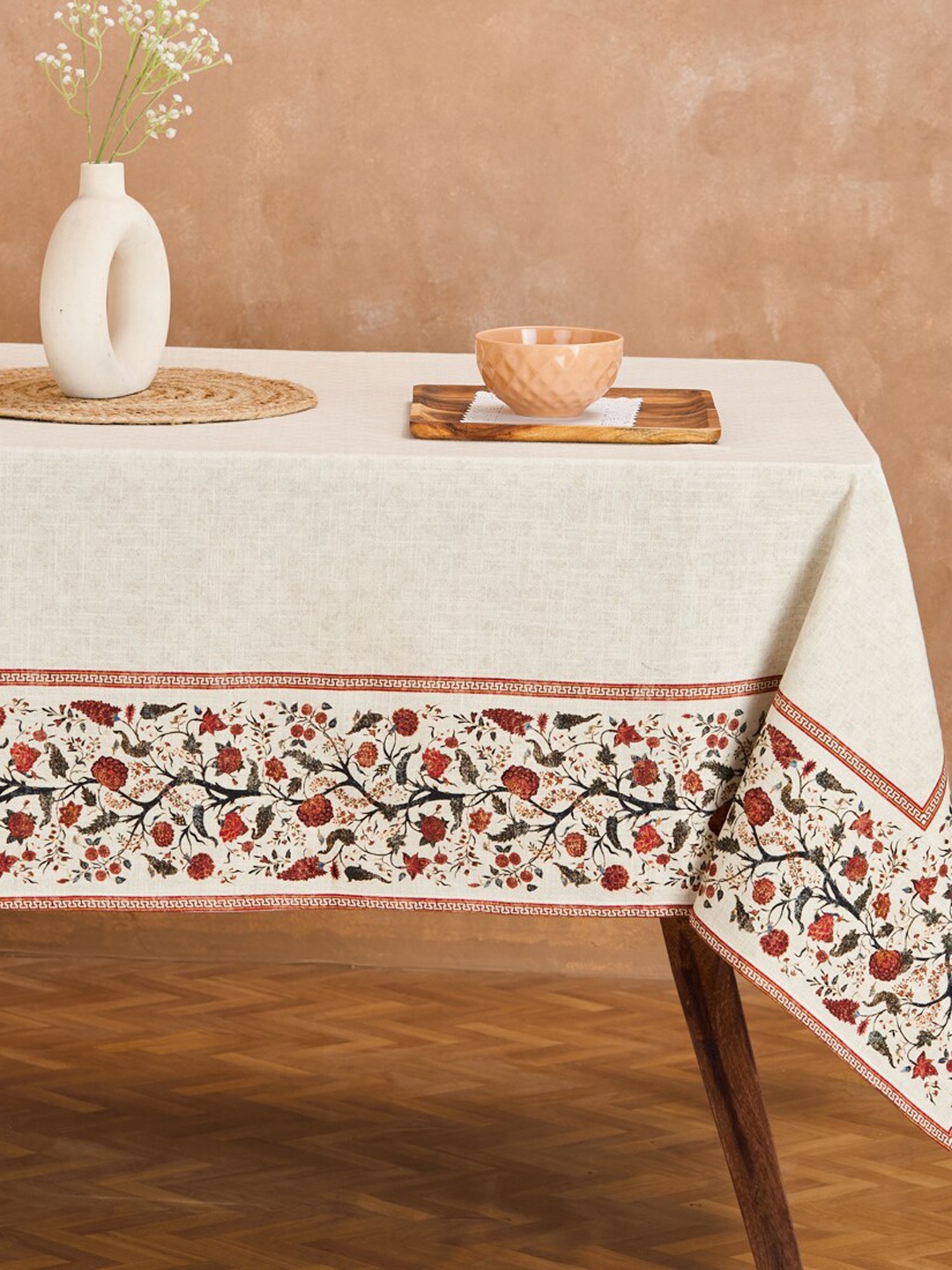 

Fabindia Red Floral Printed 8 Seater Cotton Table Cover, White