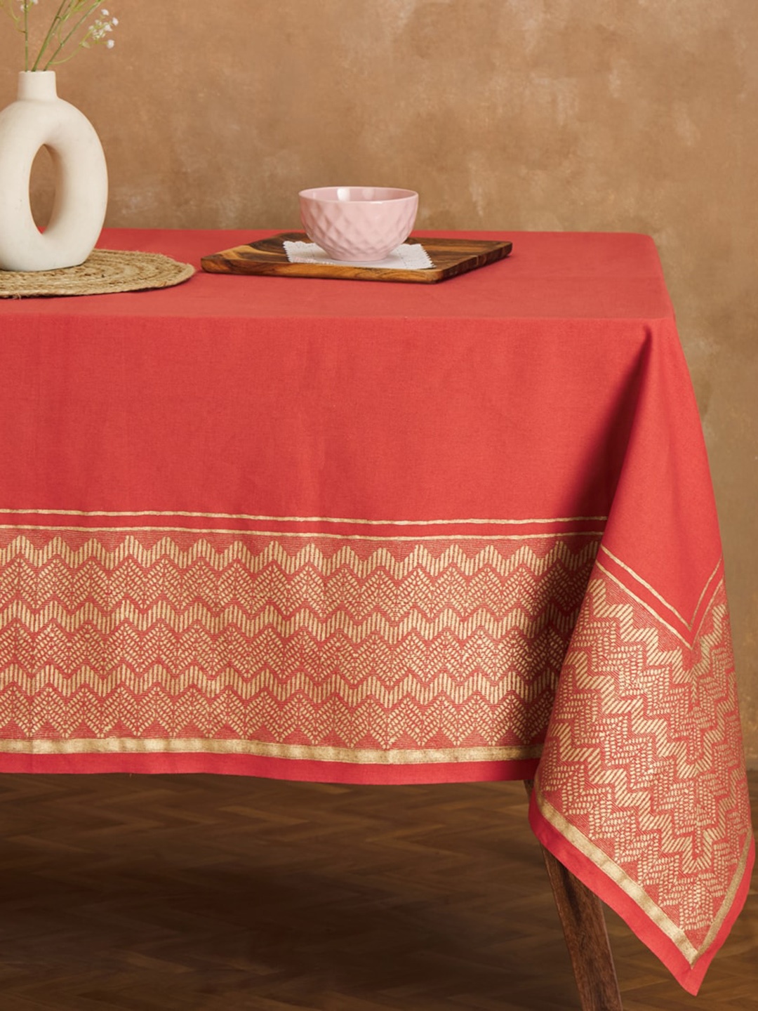 

Fabindia Red Geometric Printed Dhaatu Cotton 8-Seater Table Cover, Orange