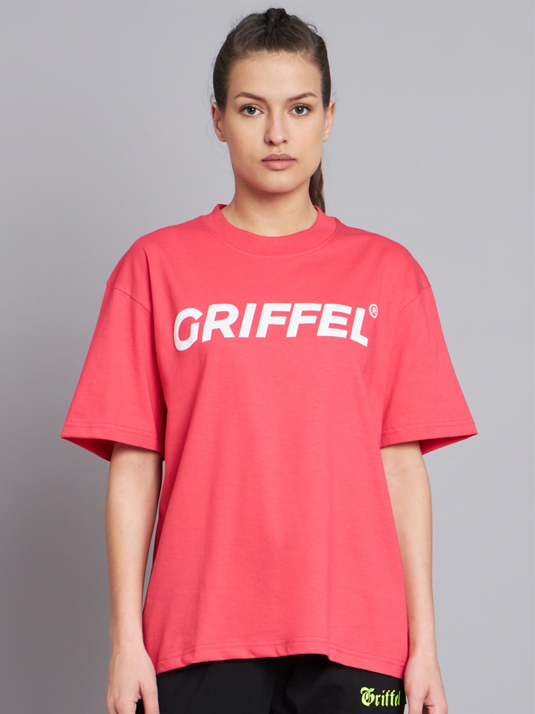 

GRIFFEL Typography Printed Drop Shoulder Cotton Oversized T-shirt, Pink