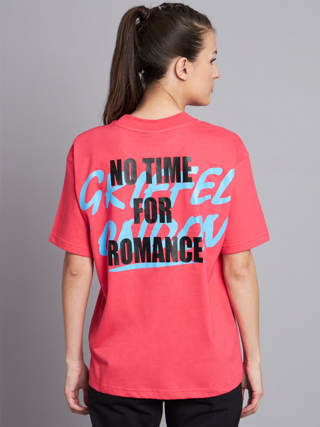 

GRIFFEL Typography Printed Drop Shoulder Cotton Oversized T-shirt, Pink