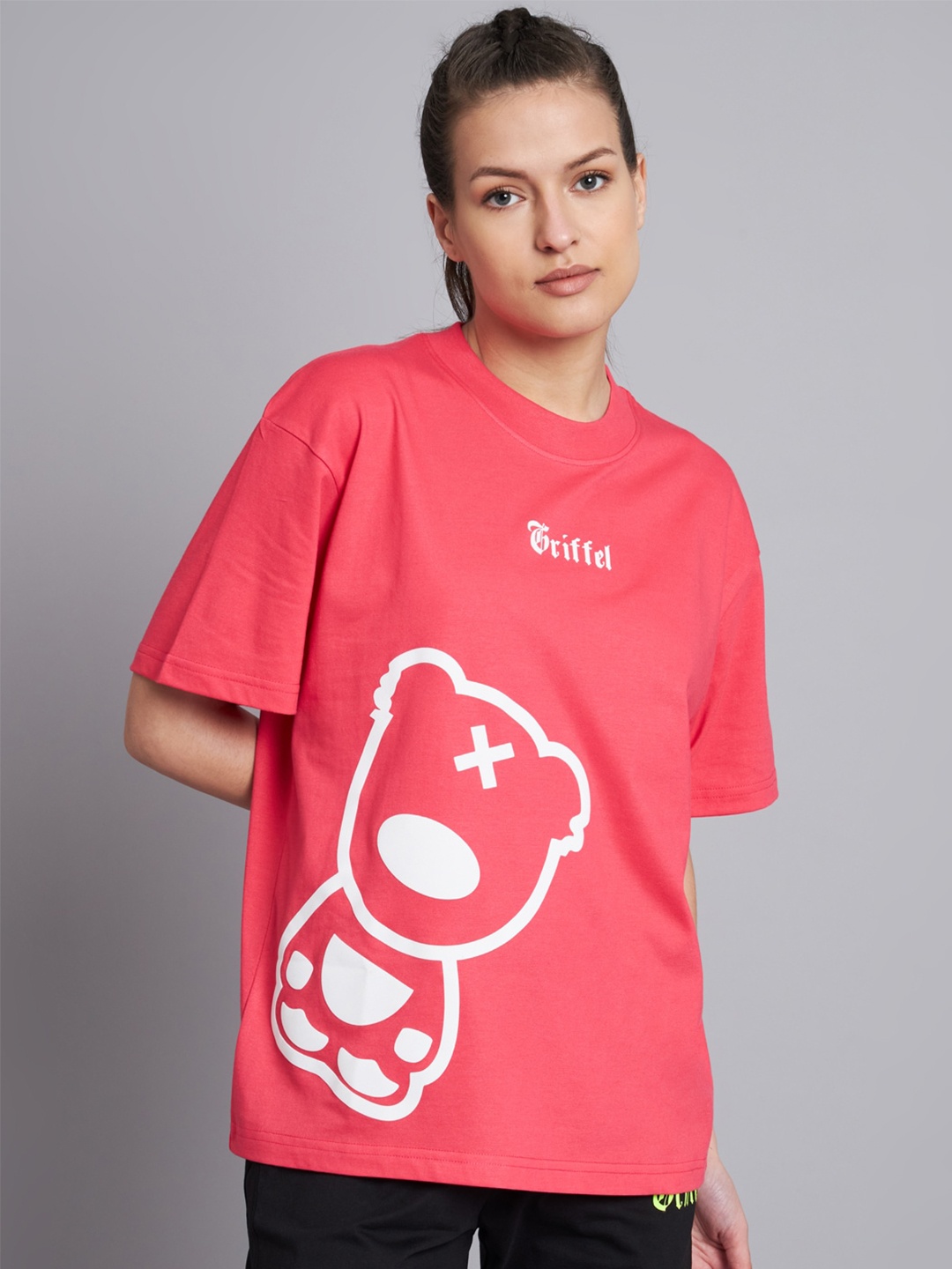 

GRIFFEL Graphic Printed Drop Shoulder Cotton Baggy T-shirt, Pink
