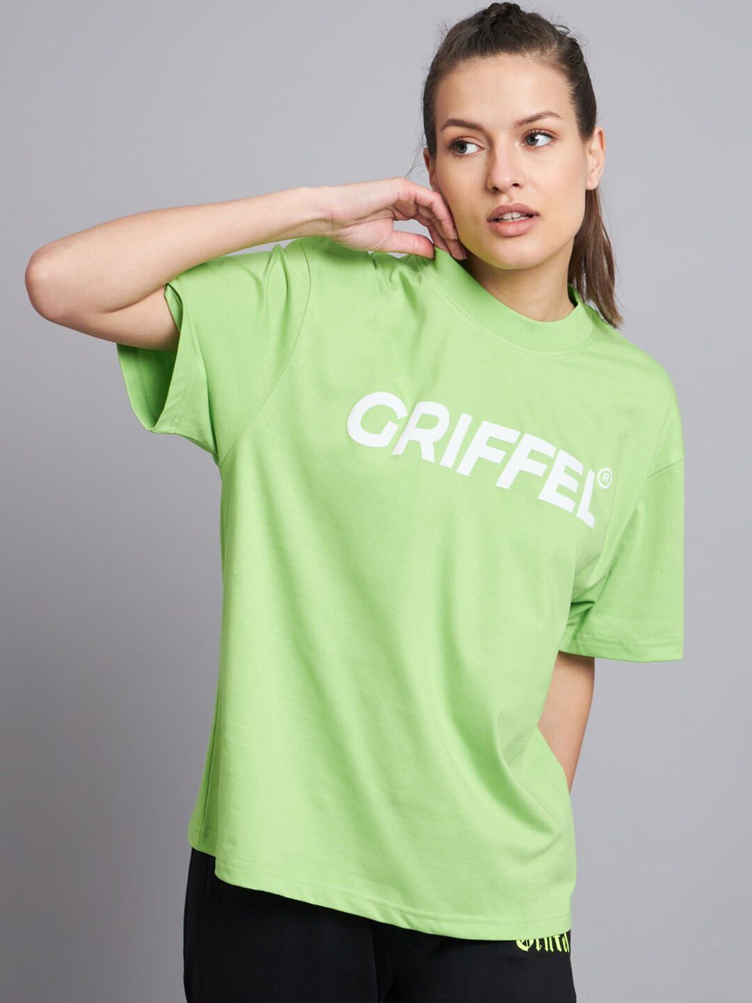 

GRIFFEL Typography Printed Drop Shoulder Cotton Oversized T-shirt, Green