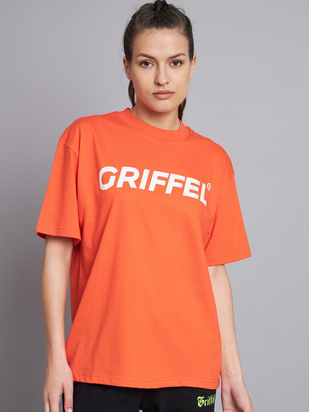 

GRIFFEL Typography Printed Drop Shoulder Cotton Oversized T-shirt, Orange