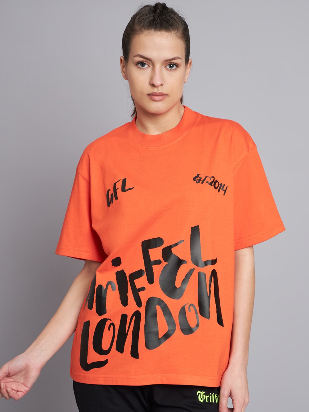 

GRIFFEL Typography Printed Drop Shoulder Cotton Oversized T-shirt, Orange