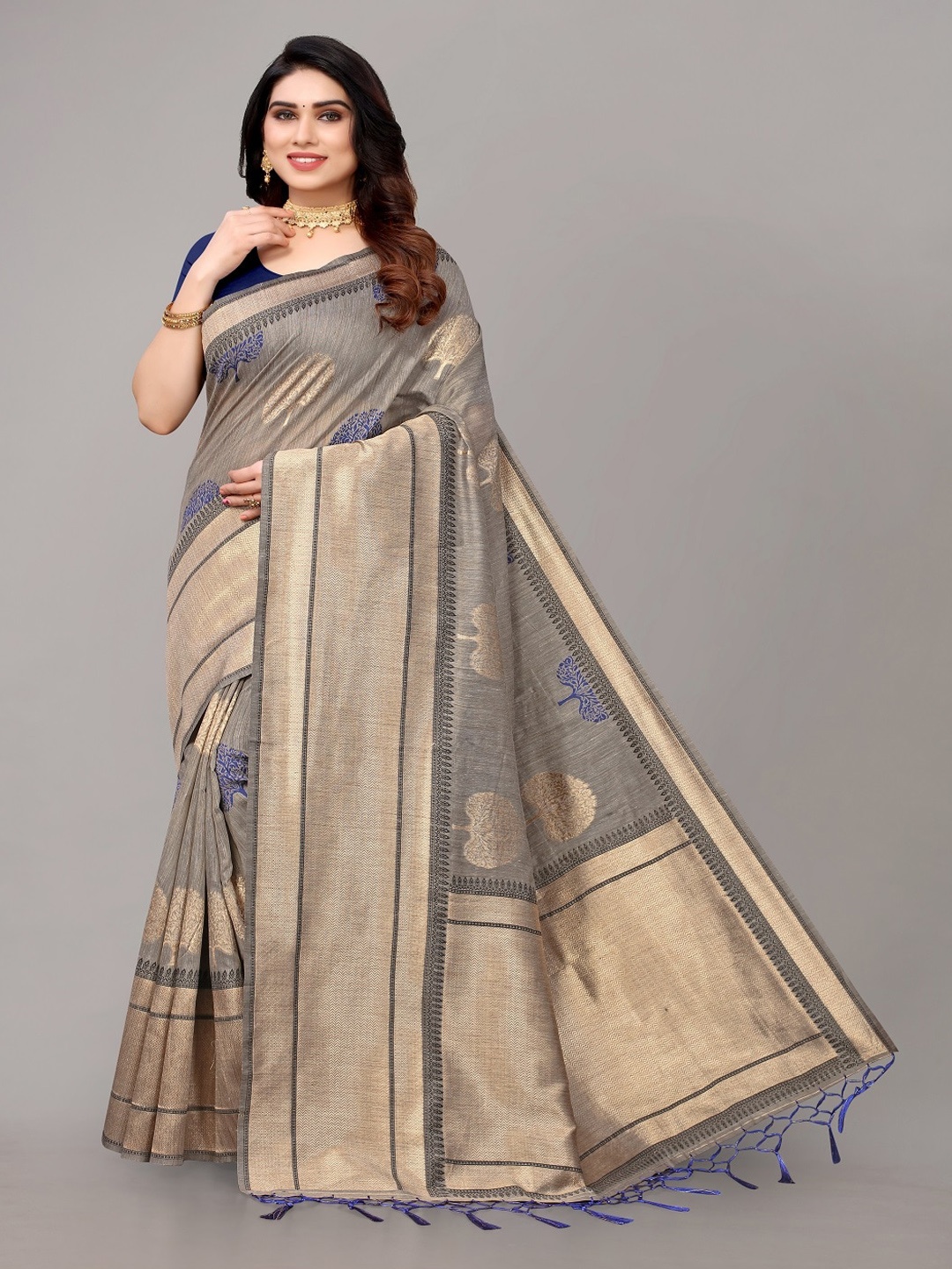 

AYKA CLOTHINGS Ethnic Motifs Printed Zari Cotton Linen Saree, Grey