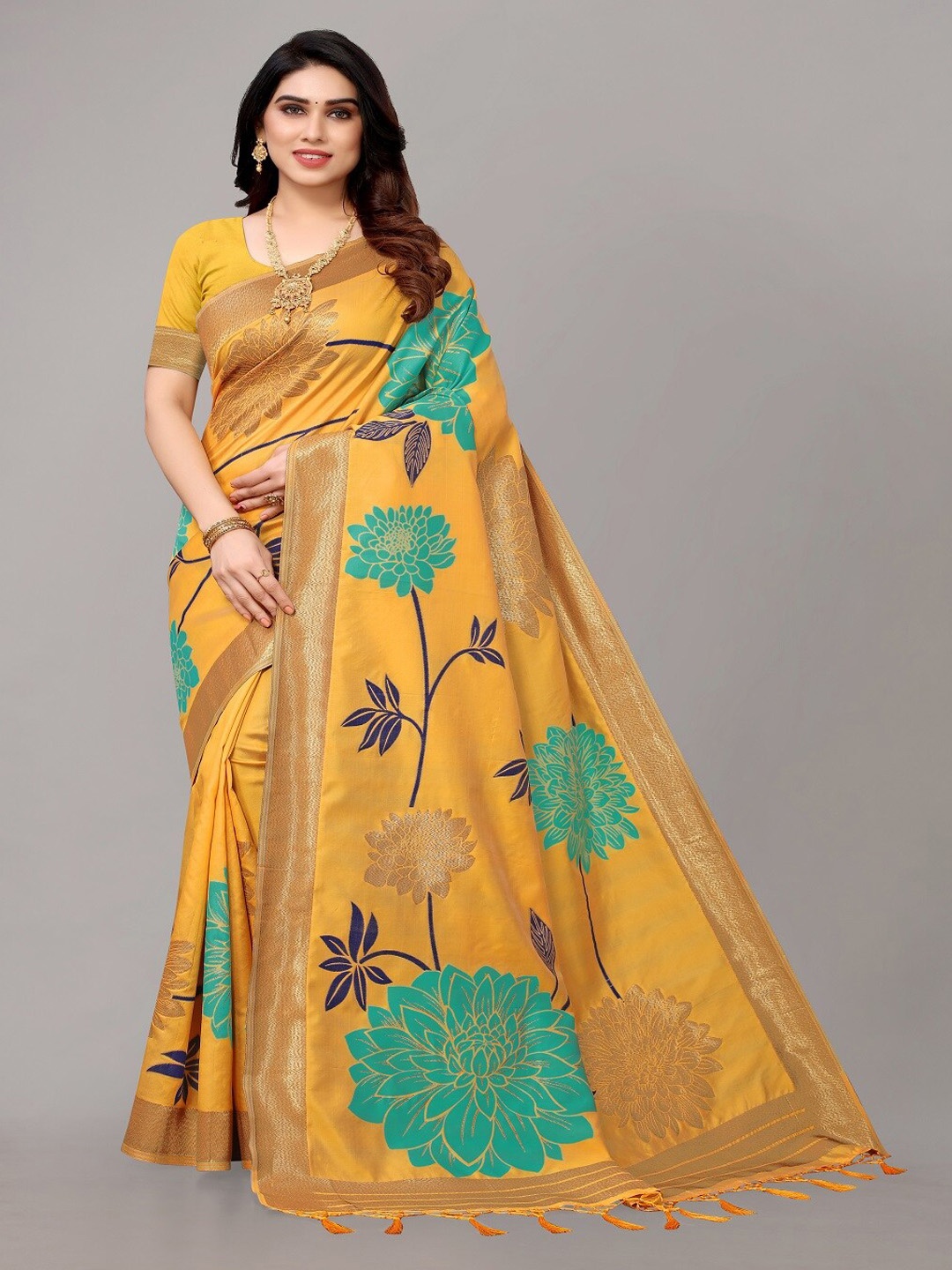 

AYKA CLOTHINGS Floral Woven Design Saree, Yellow