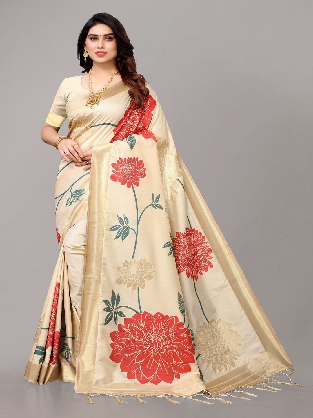 

AYKA CLOTHINGS Floral Woven Design Saree, Cream