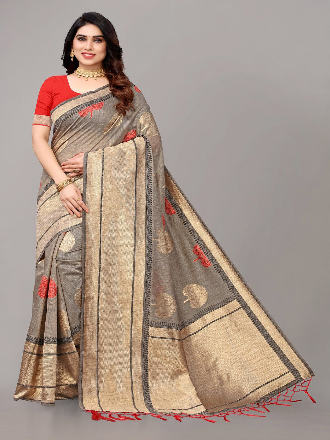 

AYKA CLOTHINGS Ethnic Woven Design Saree, Grey