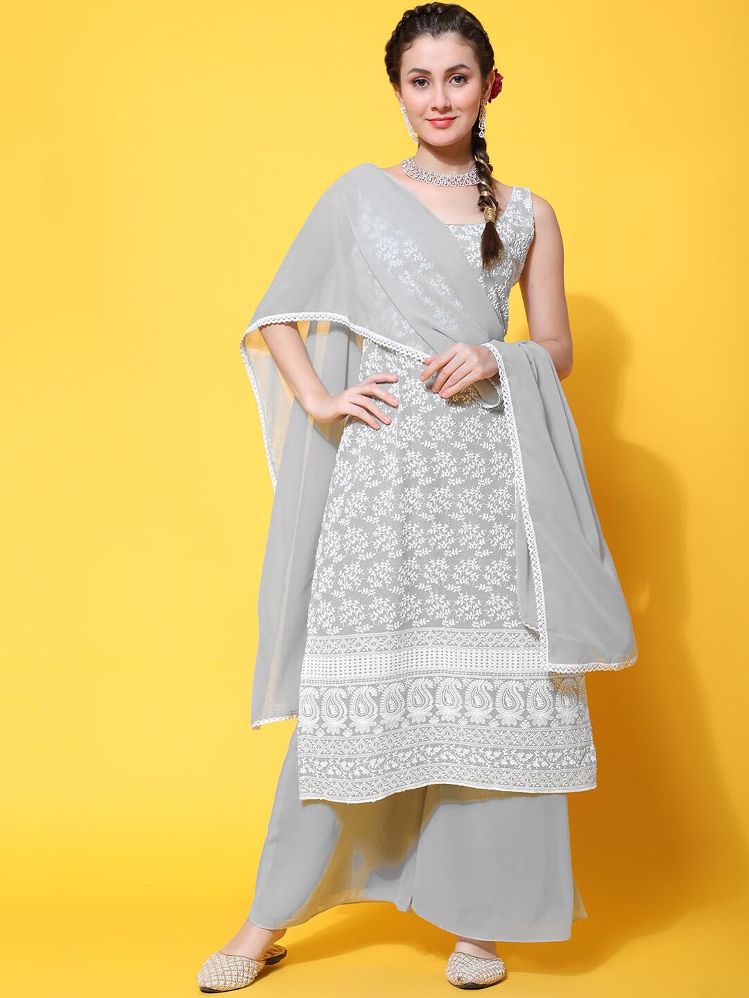 

KALINI Floral Embroidered Chikankari Kurta With Palazzos & Dupatta, Grey