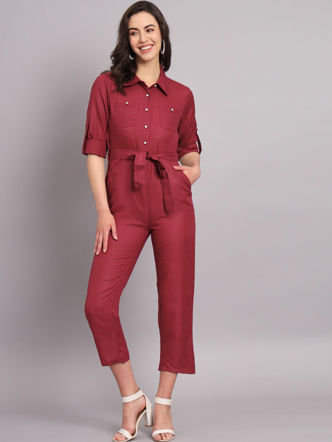 

The Dry State Maroon Waist Tie-Up Cotton Basic Jumpsuit