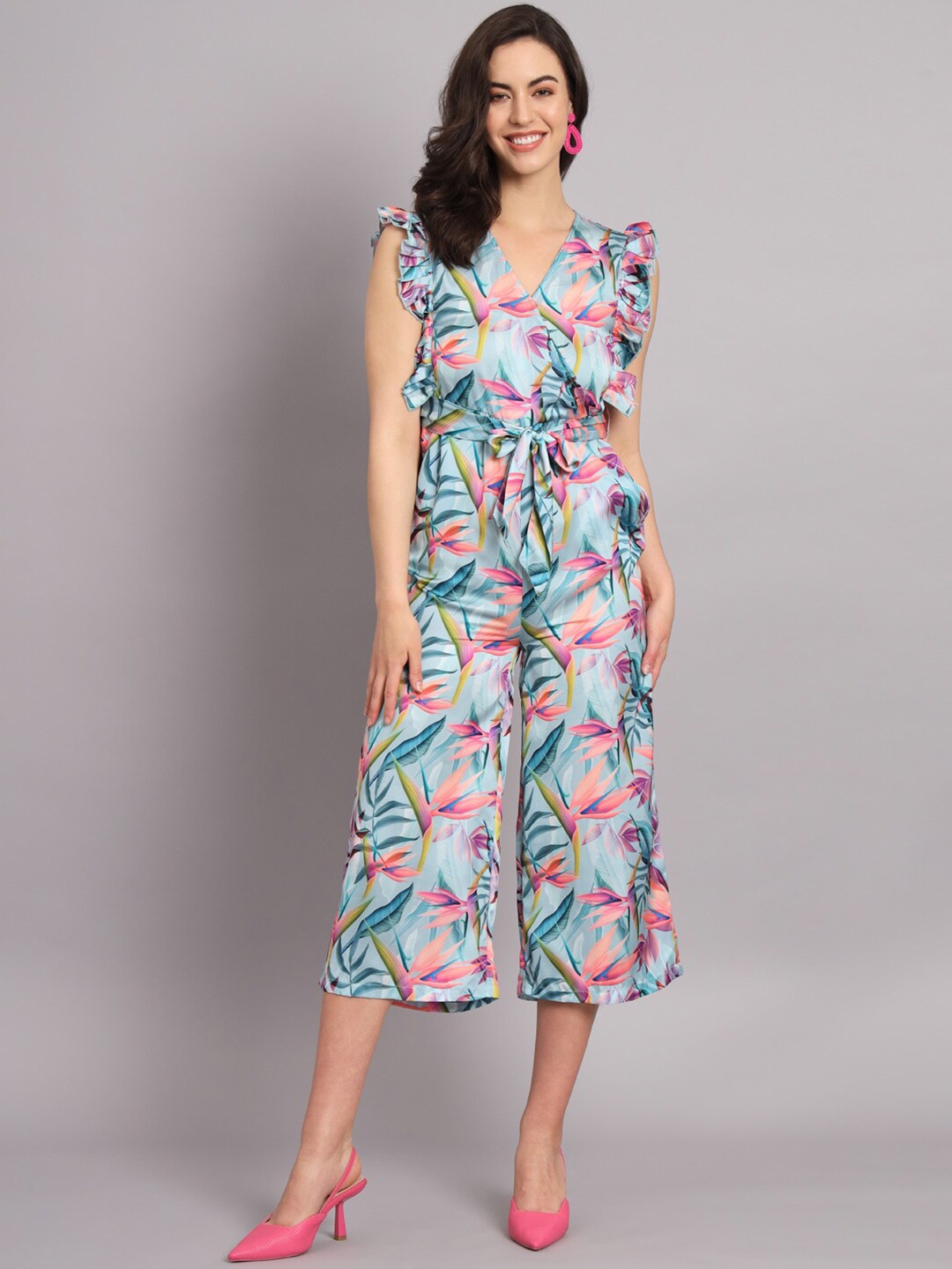 

The Dry State Sea Green & Magenta Printed Jumpsuit with Ruffles